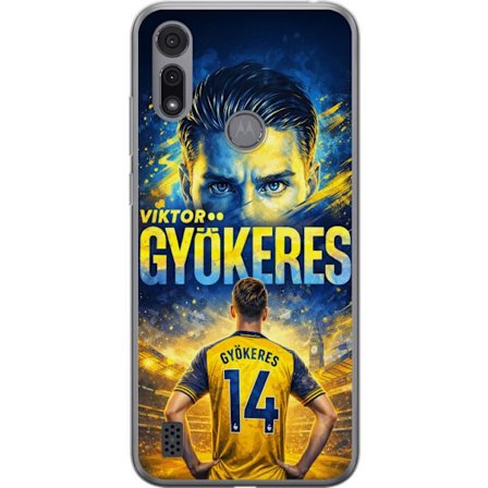 Kompatibelt Mobildeksel til Motorola Motorola Moto E6i Viktor Gyökeres fotballplakat i gult og blått med dramatisk stadionbakgrunn, sportillustrasjo