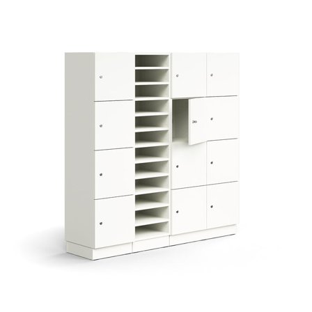 Postsorteringshylle QBUS, 11 hyller + 12 låsbare rom, sokkel, H1636 B1600 D420 mm, hvit