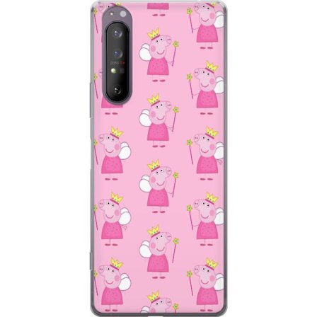 Yhteensopiva Puhelinkuori Sony Xperia 1 II Greta Gris ja Peppa Pig dinosauruksella ja eläimillä, leikkisä piirretty lasten kohtaus sinisellä taust