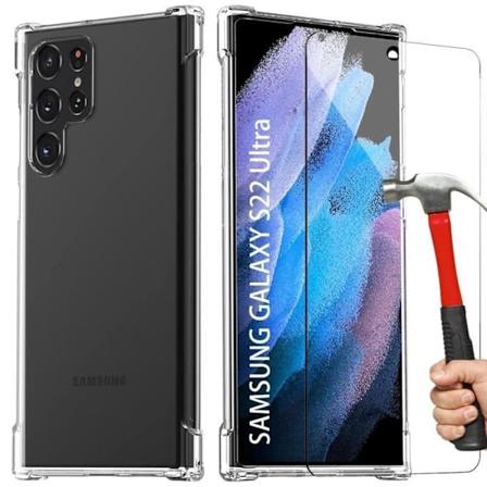 Pakke etui til Samsung S22Ultra (6,8”) og 2 hærdede briller. Højresistens silikoneforstærket 4-hjørnet skalpakke Transparent