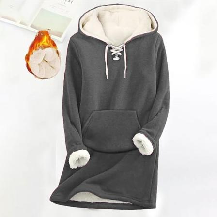Damer Med Snörning I Fleecefodrad Pocket Hooded Tops Enkel Tröja