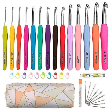 14 Størrelser Heklenåler Sett, 2,25 mm(b)-10 mm(n) Ergonomiske Heklenåler med Etui for Artroshender, Ekstra Lange Heklenåler