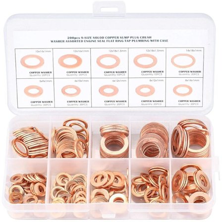 Kobber metallskiver, tetningsringpakninger, flate skiver, O-ring med boks for tetning - 200 stk/M5 M6 M8 M10 M12 M14