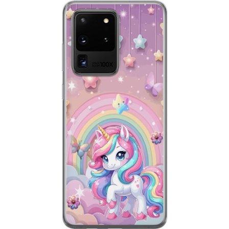 Kompatibelt Mobildeksel til Samsung Galaxy S20 Ultra Magisk enhjørning med regnbue manke, stjerner og sommerfugler mot en pastellhimmel med skyer