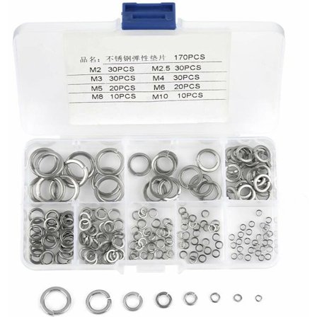 180 stk 8 Størrelser 304 Rustfritt Stål Fjærskiver Sortimentsett, Fjærskivesett M2 M2.5 M3 M4 M5 M6 M8 M10