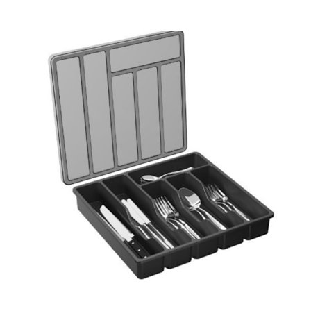 Hopea-astioiden järjestäjä kannella, peitetty astialokero keittiön laatikkoon ja työtasolle, muovinen ruokailuvälineiden ja aterimien säilytyslaatikko