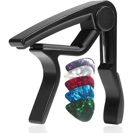 Gitar Capo med 5 plekter (svart) - 75*80mm, Alloy Guitar Capo for 6