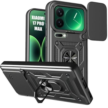 Stødabsorberende cover til Xiaomi 17 Pro Max, beskyttelse med støtte og skydelåg til kamera - Sort
