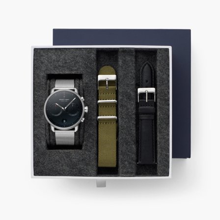 Nordgreen - Wyjątkowy Męski Srebrny Zegarek w Skandynawskim Stylu - Czarna Tarcza - Paski Czarny / Srebrny / Oliwkowo zielony