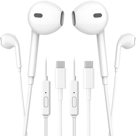 Type-C Hörlurar – In-Ear Trådbundna Hörlurar med Mikrofon, Djup Bas och Brusisolering | USB-C Kompatibel – Vit 2-Pack