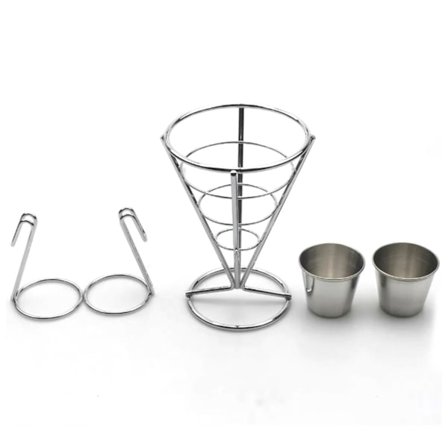 Elektropletteret Fransk Fry Kegle Kurv Stativ i Rustfrit Stål med Sauce Kop til Hjemme Restaurant Hotel