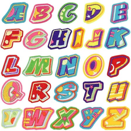 Set med 26 nya färgglada tygmärken med 26 bokstäver, broderade självhäftande jeanslappar för att laga hål, dekal A - Z engelska bokstäver