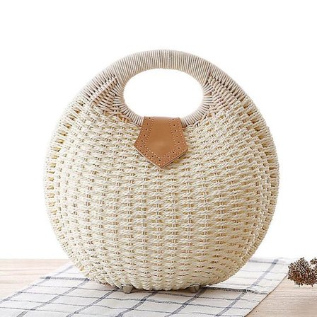 Kvinners Skallformet Halmveske Flettet Strandveske i Rattan Sommer Halm Tote Bag