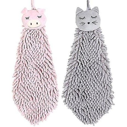 Pakkaus, jossa 2 söpöä eläinaiheista käsipyyhettä keittiöön ja kylpyhuoneeseen, pehmeää ja muhkeaa mikrokuitumateriaalia, sopii sekä lapsille että 