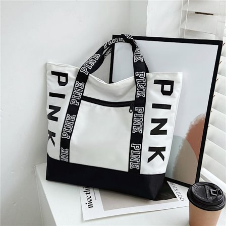 Hvite fargeblokk rosa bokstav grafisk tote håndvesker dame skuldervesker avslappet sport fitness tote bag damehåndveske nylonstoff