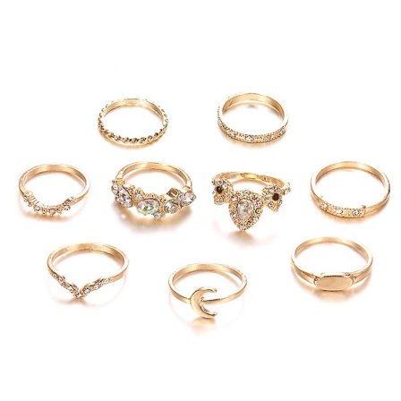9 stk. Boheme Kvinders Månens Krone Rhinestone Knuckle Midi Finger Ring Smykker