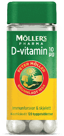 Møllers vit-D tytab 10μg appel, boks av plast, 120 stk
