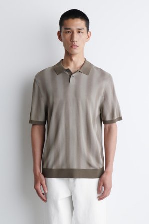 COS Men's Diffused-Stripe Knitted Polo Shirt in Brown