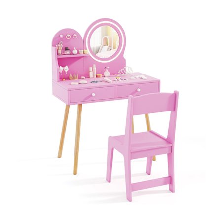 Børnemøbelsæt med oplyst spejl, lyserødt prinsessetema
