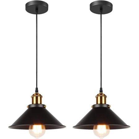 2x Retro Pendellampe Industrielt Design Edison Lys Loftlampe E27 Metal Pendel Lysekrone,Ø 22cm(Sort 2 PAK)