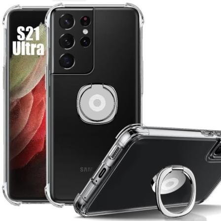 Taske til Samsung Galaxy S21 Ultra - Stødsikker gennemsigtig med sølv justerbar ringholder