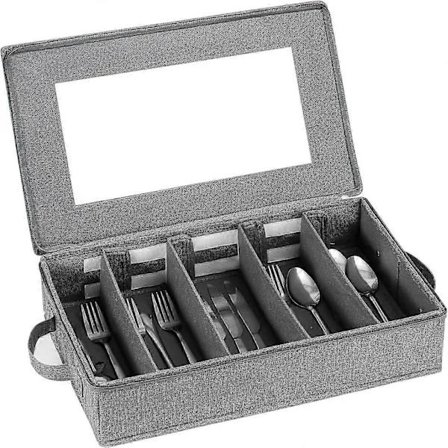 NY-Opbevaringsboks til bestik, bestikboks med justerbare rumdelere med lynlås, stor kapacitet, grå (D)
