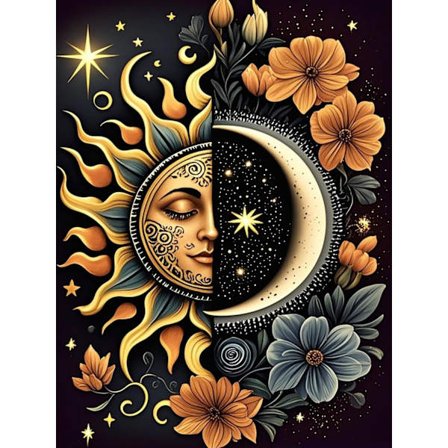 Sol och Måne Diamantkonst-kit för Vuxna, Runda Fullborr Diamantmålningskit, Självlysande Diamantkonst Prickar Målnings Ädelstenshantverk Väggkonst 