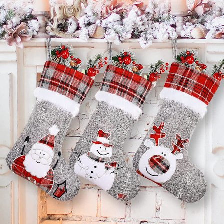 Julstrumpor 3-pack, 18 tum Röd/grå Buffelrutig Broderad Söt Tomte Snögubbe Rensa Plysch Stora Hängande Strumpor för Juldekorationer