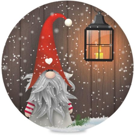 Jule Gnome Snowflake Runde Pladsemåtter Skridsikre Vaskbare Polyester Bordmåtter Sæt med 4 Varmebestandige Pladsemåtter til K