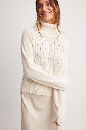 NA-KD Pull col roulé en maille torsadée - Tricot épais - OffBlanc - Small