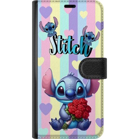 Kompatibel Tegnebogsetui til OnePlus Nord 3 Romantisk illustration af Stitch der holder røde roser mod stribet baggrund