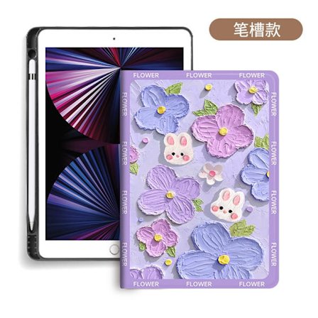 Etui til iPad 2021 10.2" Bog Pen Slot Olie Blomst Stick Bunny Lilla "Fuld Silikone Bånd Anti