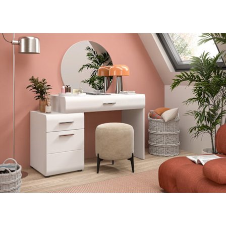 Rootz -pukupöytä peilillä - turhamaisuuspöytä - meikkipöytä - runsaasti säilytystilaa - valkoinen korkea kiilto - 120 cm x 138cm x 47cm