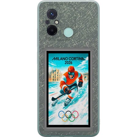 Yhteensopiva Puhelinkuori Xiaomi Redmi 12C Curlingkuvitus pelaajilla ja kivillä jäällä, Milano Cortina 2026, lumisia roiskeita ja olympiasormukset