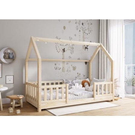 Barnhyttsäng - Profiwood - PORTIA TOP furuhus barnsäng med ingång i mitten, skandinavisk stil, natur, 100×200 cm