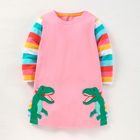 Flickor Med Rund Halsringning Långärmad Regnbågsrandig Festklänning