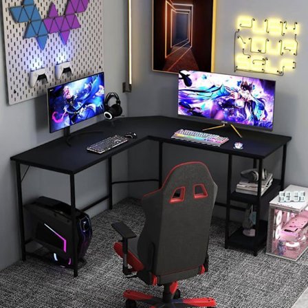 COSTWAY L-formad datorskåp 138 CM, industriell med struktur i kolfiber, hylla med 2 nivåer, svart