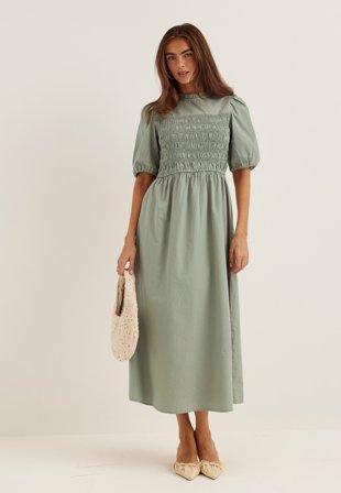 BUBBLEROOM - Smock Short Sleeve Cotton Dress - Dusty green