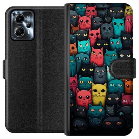 Kompatibelt Plånboksfodral till Motorola Motorola Moto G13 Färgglatt kattmönster med många stiliserade katter i olika färger lekfull illustration