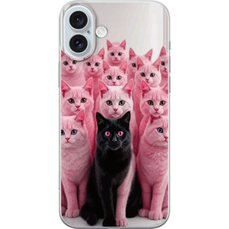 Kompatibel Mobilcover til Apple iPhone 16 Plus Sort kat blandt pink katte humoristisk kontrastdesign med legende farve og charmerende karakter