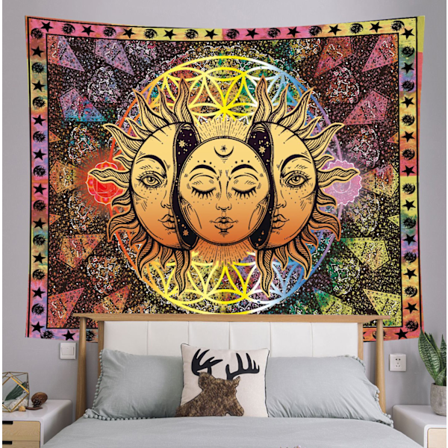 Fargerik veggteppe, estetiske veggtepper, sol og måne-teppe, mandala, psykedeliske hippie-bohemske tepper, soveromsveggdekor