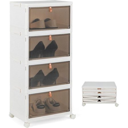 COSTWAY plastopbevaringsboks 4 etager, 360° låsbart hjul, skoæske med gennemsigtig magnetisk dør