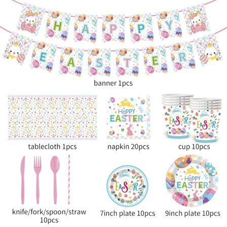 Påsketema festsett med engangs papptallerkener, servietter, pappkopper og bestikk med kanin- og eggtrykk - servering for 10