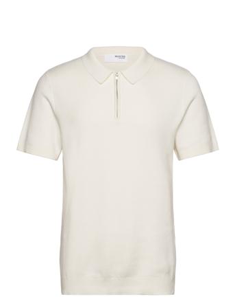 Slhflorence Ss Knit Zip Polo Ex Tops Knitwear Short Sleeve Knitted Polos White Selected Homme