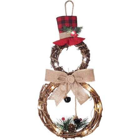 Julkransdekoration med belysning - 40*20cm Vinrankekrans med hatt och rosett, snögubbeformad krans för ytterdörr, hemväggdekor
