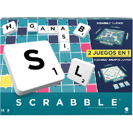 Scrabble 2-i-1-spel, Familjespel, Korsord, Inkluderar 2 Brädor, 50 Kort med Mål, 2-4 Spelare