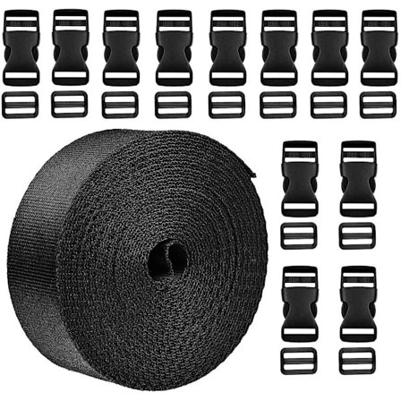 Bagagespænde sæt, 24 plastikspænder med 2 typer sidespænder, 1 rulle med 10 størrelse nylon webbing, hurtig tre-trins lynlåslukning, bruges til se