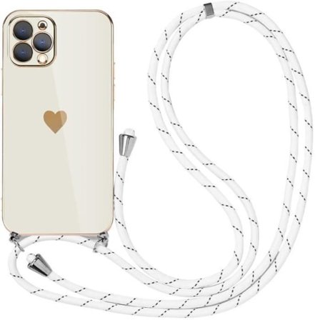 Skal med axelrem - Lyx - för iPhone 12 Pro Max - Vit - Stötsäker - Hjärtmönster