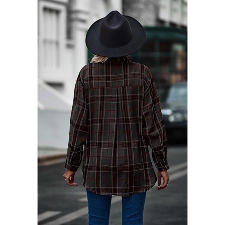 Rutete langermet skjorte dame Button Down ullblanding tynn jakke Casual blusetopper med lomme Black