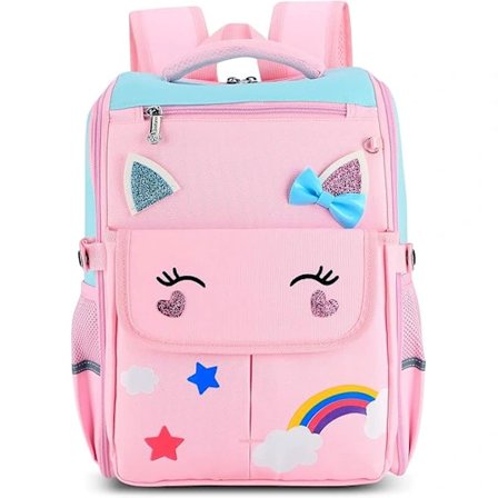 School Bag for Girls Cute Kids Pink Backpack Lightweight Children Bookbag with One Bottom Zipper and Reflective Stripes